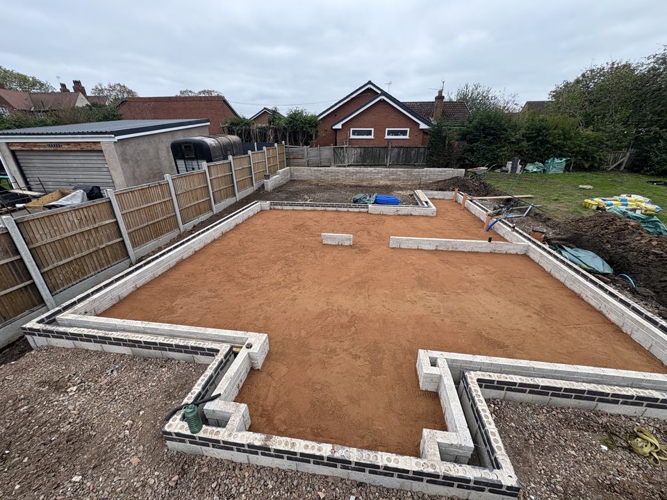 Completed foundations and blockwork footprint for a new build